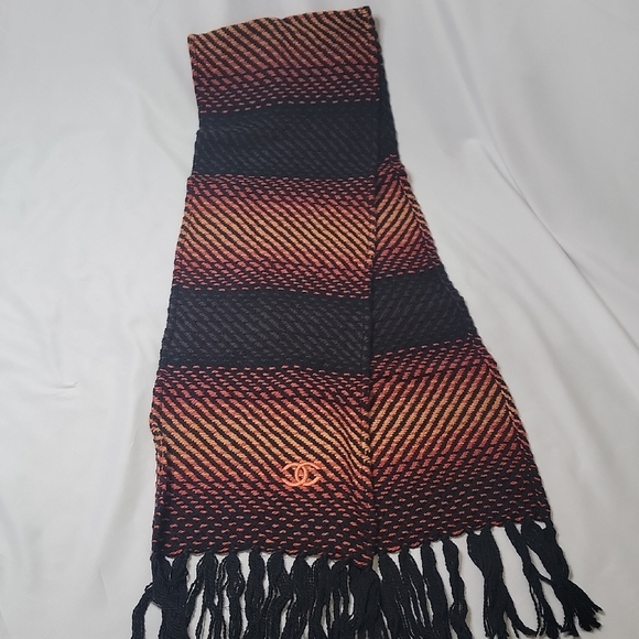 CHANEL Accessories - CHANEL Black and Orange Striped Scarf